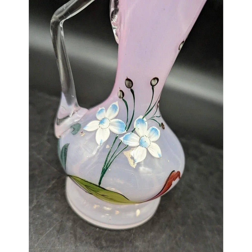 Antique Hand Painted Enameled Victorian Art Glass Pitcher Ewer Pink 6.75